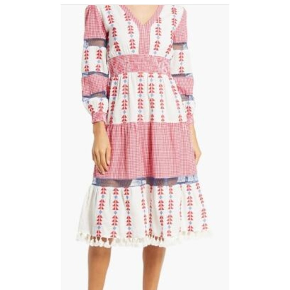 AREA Stars XS Boho Midi Dress Gingham Embroidered Tiered Prairie Cottagecore